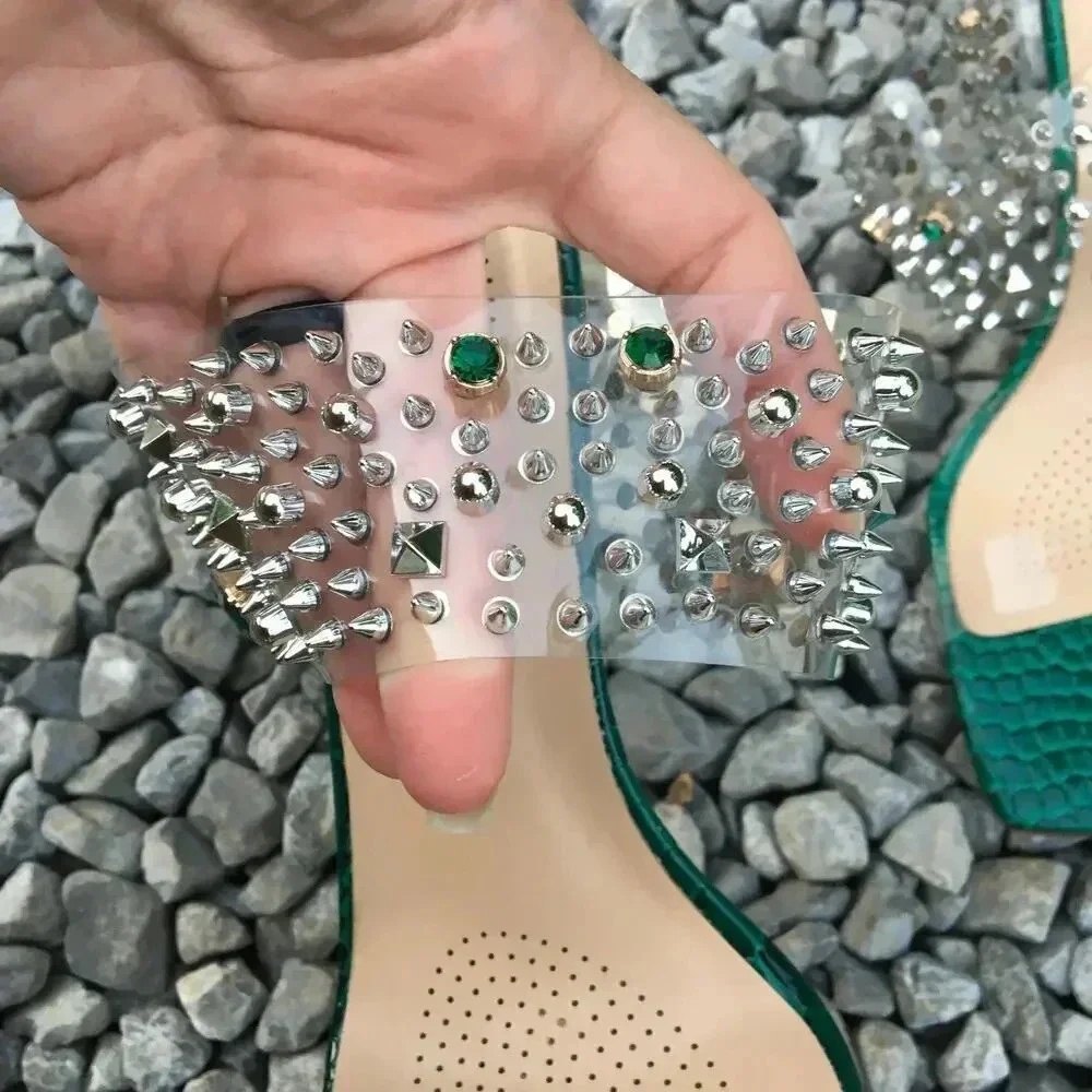 Azalea Wang Women Size 8.5 Studded Square Open Toe Green Mya Heels